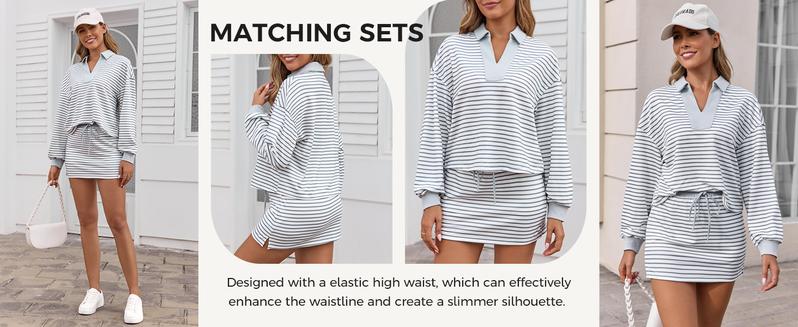Fisoew Womens Striped 2 Piece Outfits Casual Sweatshirt Skirt Set Long Sleeve Skort Workout Set Matching Lounge Sets
