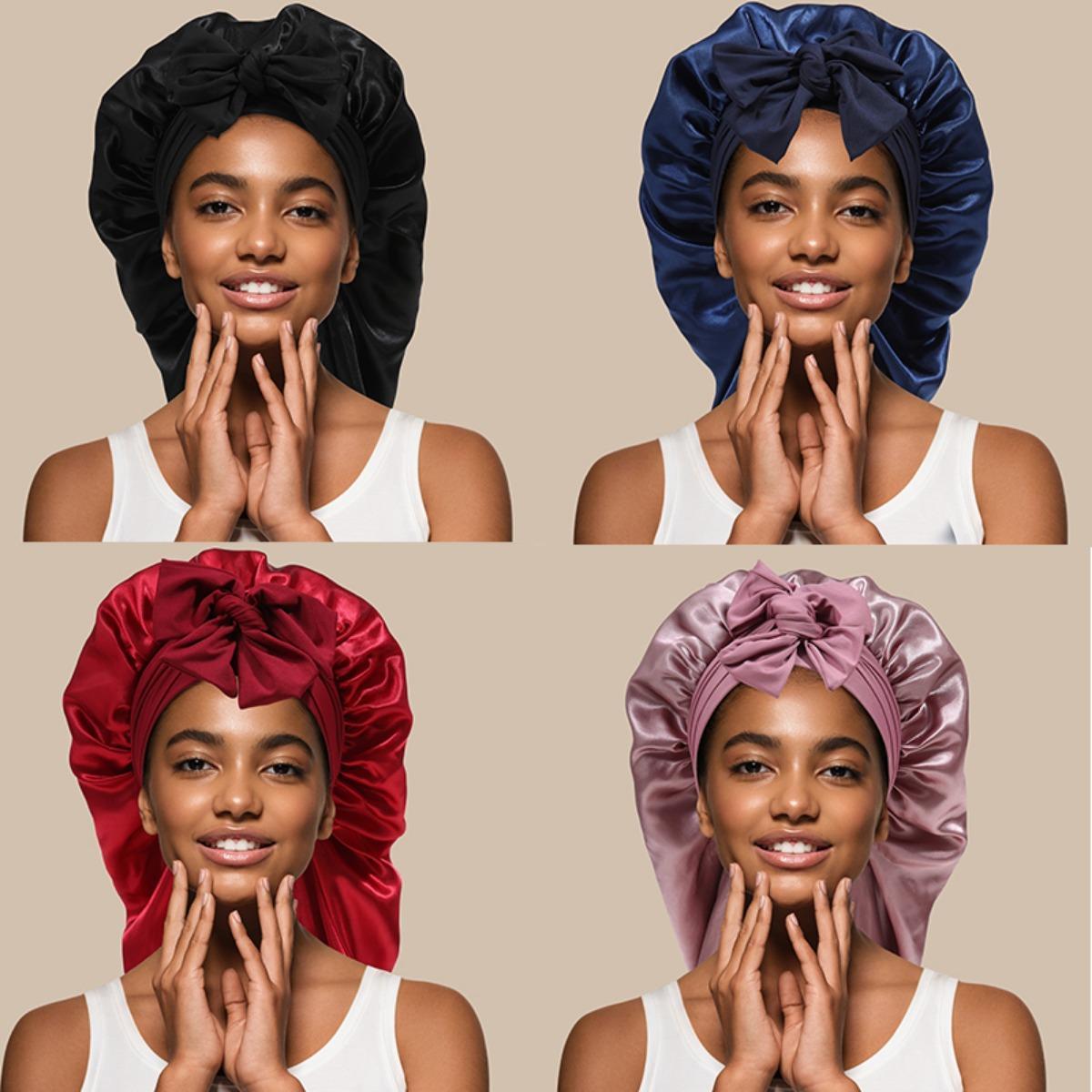 AWAYTR Double Layered Elastic Long Sleeping Cap for Women Solid Color Nightcap Satin Hat Tie Band Hair Care Chemical Cap