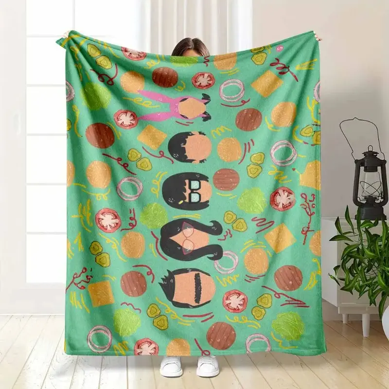 Burger Family Cartoon Food 100% Brushed Flannel Blanket - Premium, Soft, Warm, Lightweight Cozy Throw for Sofa, Travel - Ideal Gift for Food Lovers, Christmas