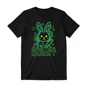 Retro Gamer Easter Quest Bunny T Shirt with Pixel Art and Neon Graphic for Men and Women