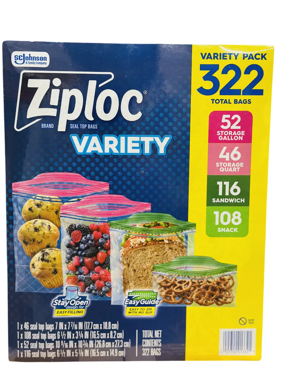 Ziploc 322ct Variety Pack – Storage Gallon, Storage Quart, Sandwich & Snack Bags