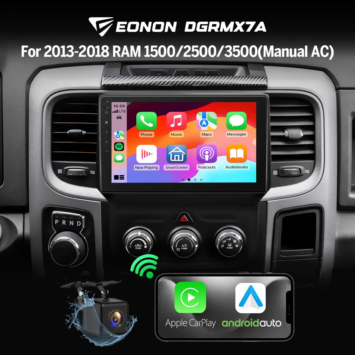 Eonon Car Screen for RAM 1500 2500 3500 (2013-2018) Manual AC, Wireless CarPlay & Android Auto Car Radio Touch Screen for Dodge RAM, 9" Android 14 Car Stereo Head Unit, Steering wheel controls, GPS Navigation, BT, Wi-Fi, Sub, Backup camera,