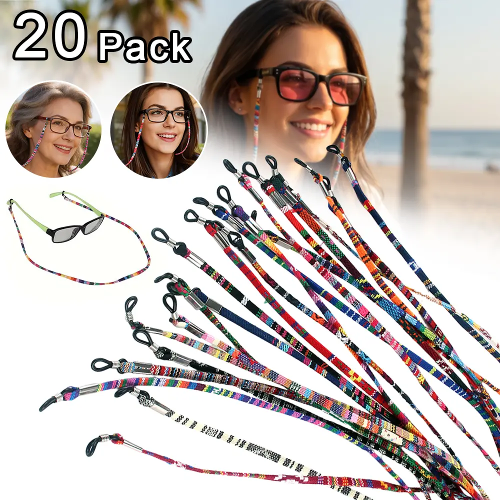 Women's 20-Piece Vibrant Ethnic Braided Glasses Chains, Adjustable Anti-Slip Nylon Neck Holders with Pretty Grips, Universal Compatibility for Sunglasses & Myopia Glasses, National Look, Unisex Fit for Teens/Adults, Comfortable Accessory Set, Glasses Chai