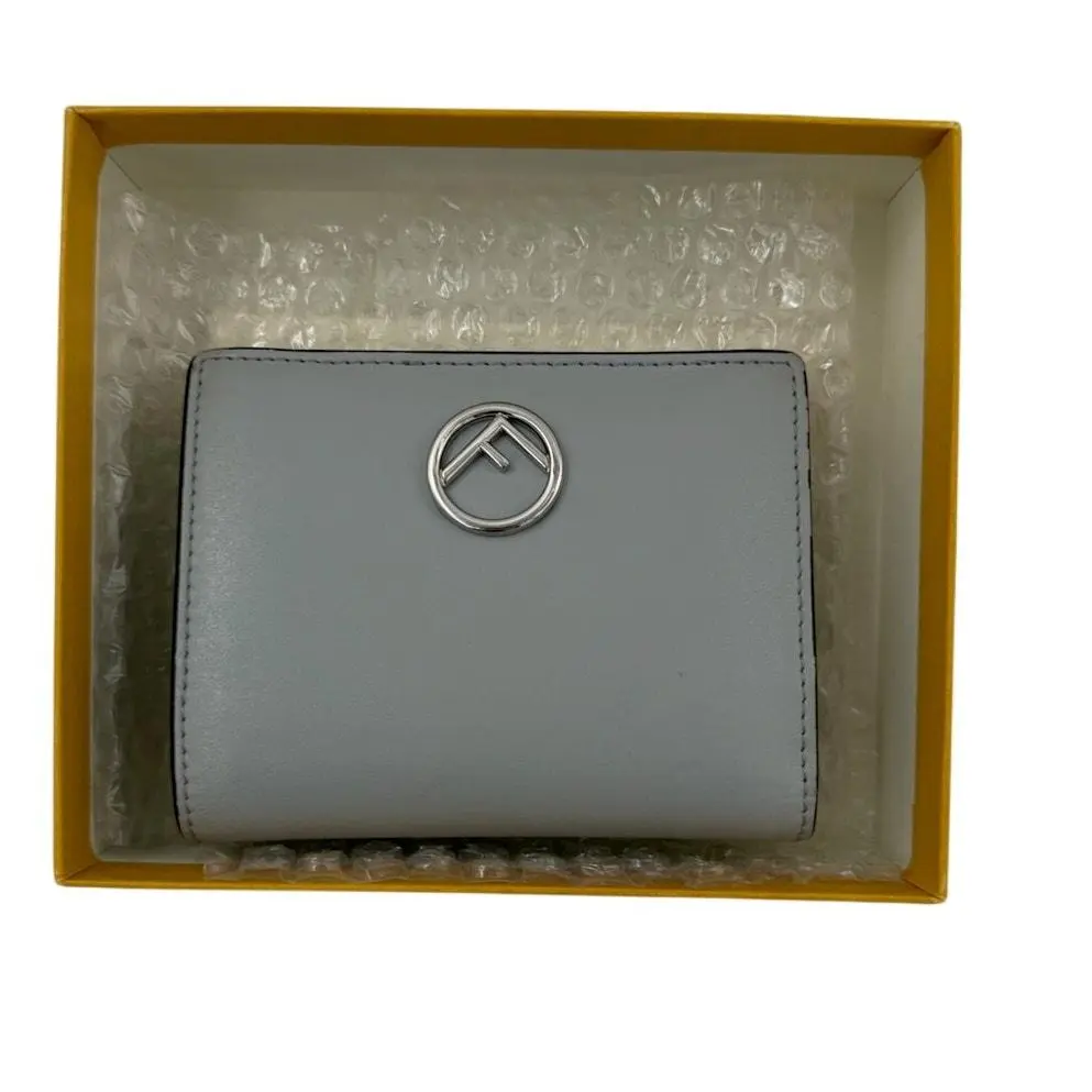 Pre-owned FENDI Calfskin Leather Wallet Calfskin Bi Fold Compact Light Gray, Palladium Metal Logo Detail, Made in Italy, Diamonds, Silver, Snap Closure