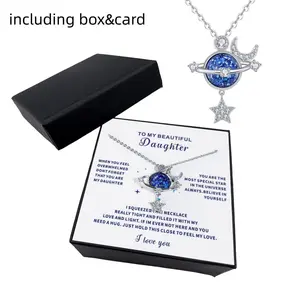 To My Daughter Universe Planet Star Necklace Galaxy Pendant Necklaces Star Moon Surrounding Fantasy Planet Stars Necklaces Birthday  Valentines Jewelry Gifts for Women with box and card