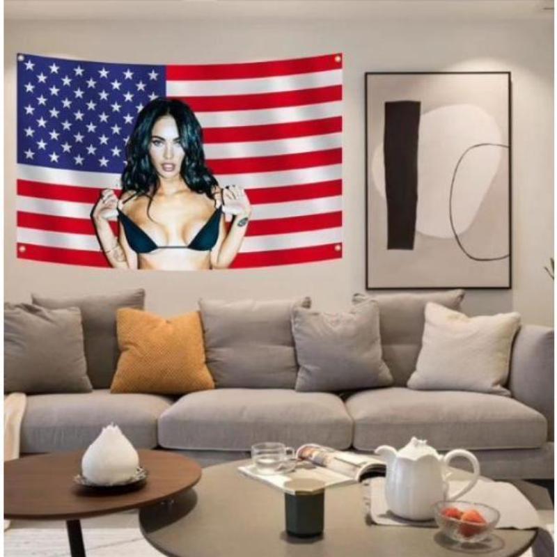 Megan Fox Nice   America  Tapestry, Megan Fox  US Flag 3x5 Ft Poster Wall Art Backdrop Party Decorative For College Dorm Home Decor Living Room Cotton Light Decoration Linen Print Mirrors