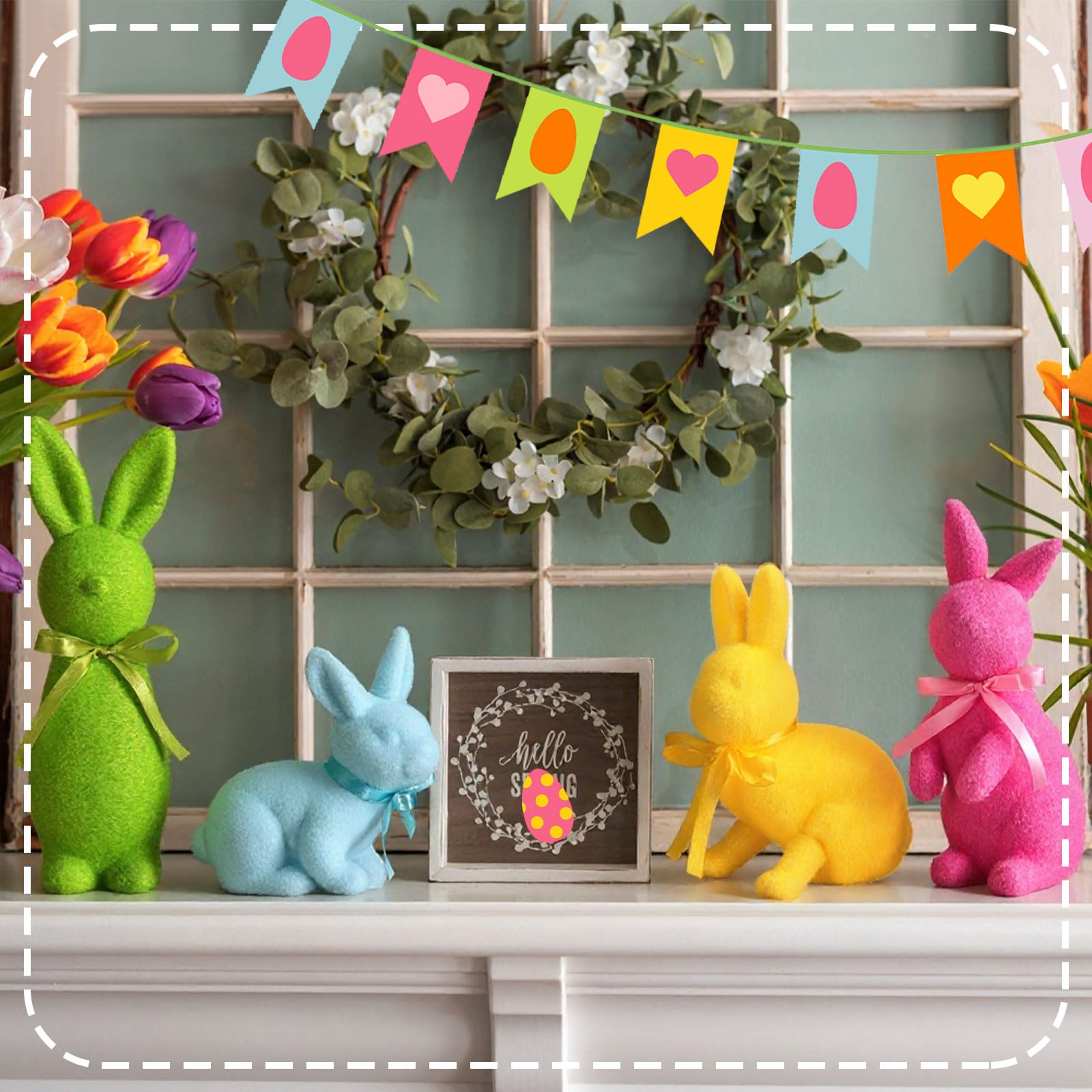 Pastel Flocked Easter Bunny Figurines - 7/6/4 Pcs Cute Velvet Rabbit Statues Set with Bow Ties, Adorable Easter Decor 2026 Bunny in Multiple Sizes & Poses for Tiered Tray Decor Spring Table Centerpiece Shelf Mantel Display Home Party Gifts Basket Stuffers