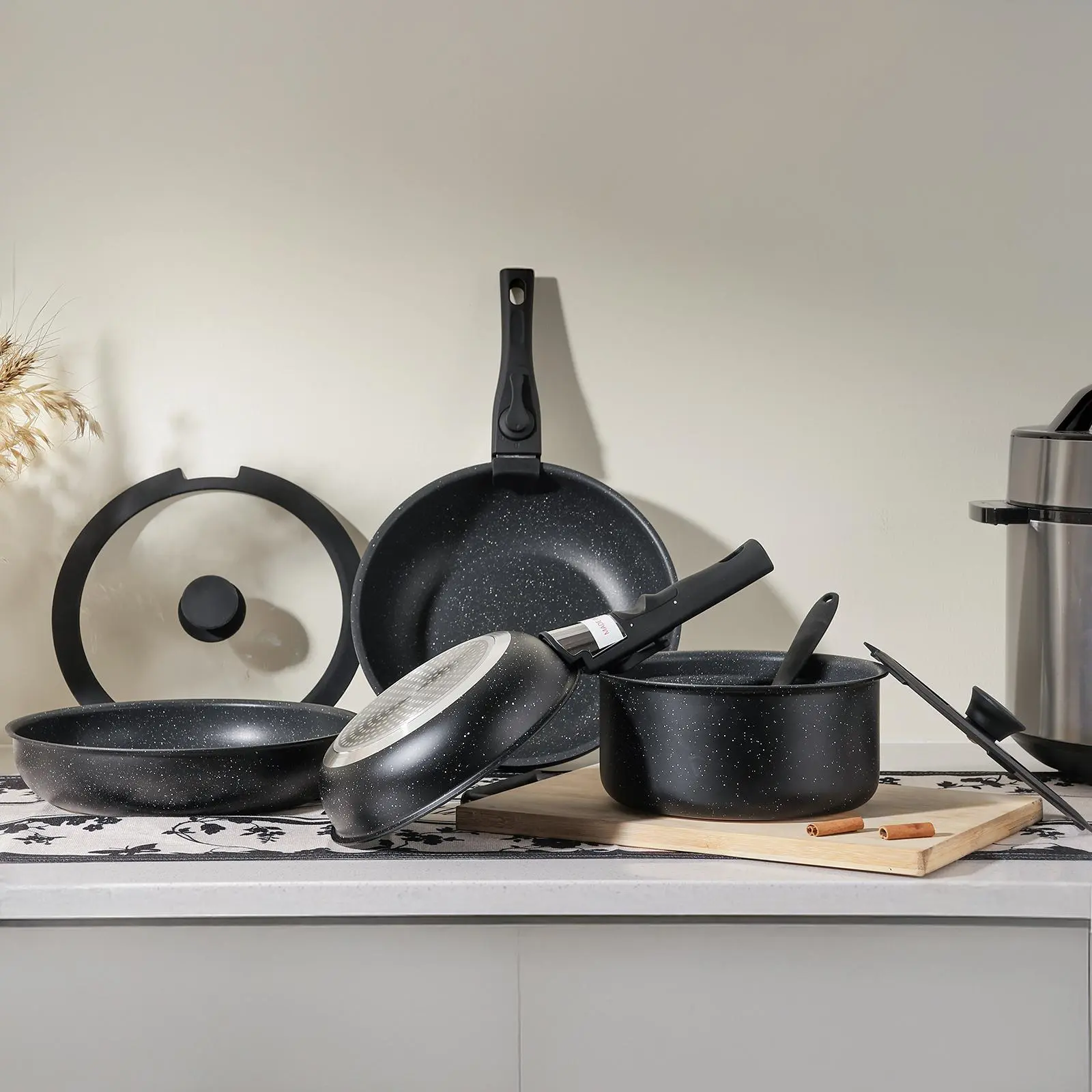 12 Pcs Pots and Pans Set, White Granite Nonstick Cookware Sets Detachable Handle, Stackable Induction Kitchen Cooking Set, Stain & Scratch-resistant