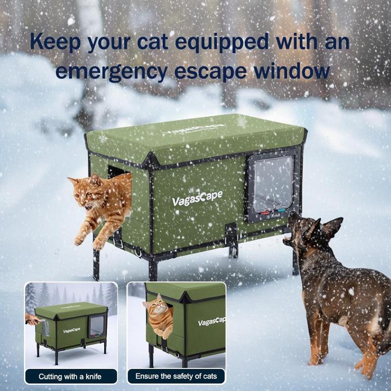 【Limited】Vagascape Heated Outdoor Cat House, Heated Bowl, Thermostat & Overheat Protection with Auto Shutoff, Warms in ~3s & Energy-Saving – Waterproof, Insulated & Elevated, 12mm Fiberglass Frame, Escape Door & Window, UL-Tested Heating Core