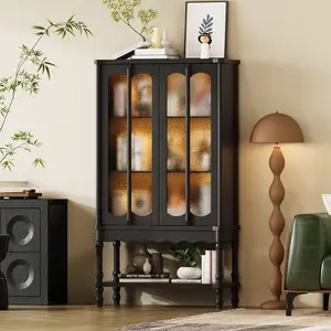 FUFU&GAGA 2.8" H Vintage 4-Tier Kitchen Pantry Freestanding Accent Storage Cabinet with Embossed Glass Doors, Solid Wood Legs & Bottom Shelf for Dining Room, Black