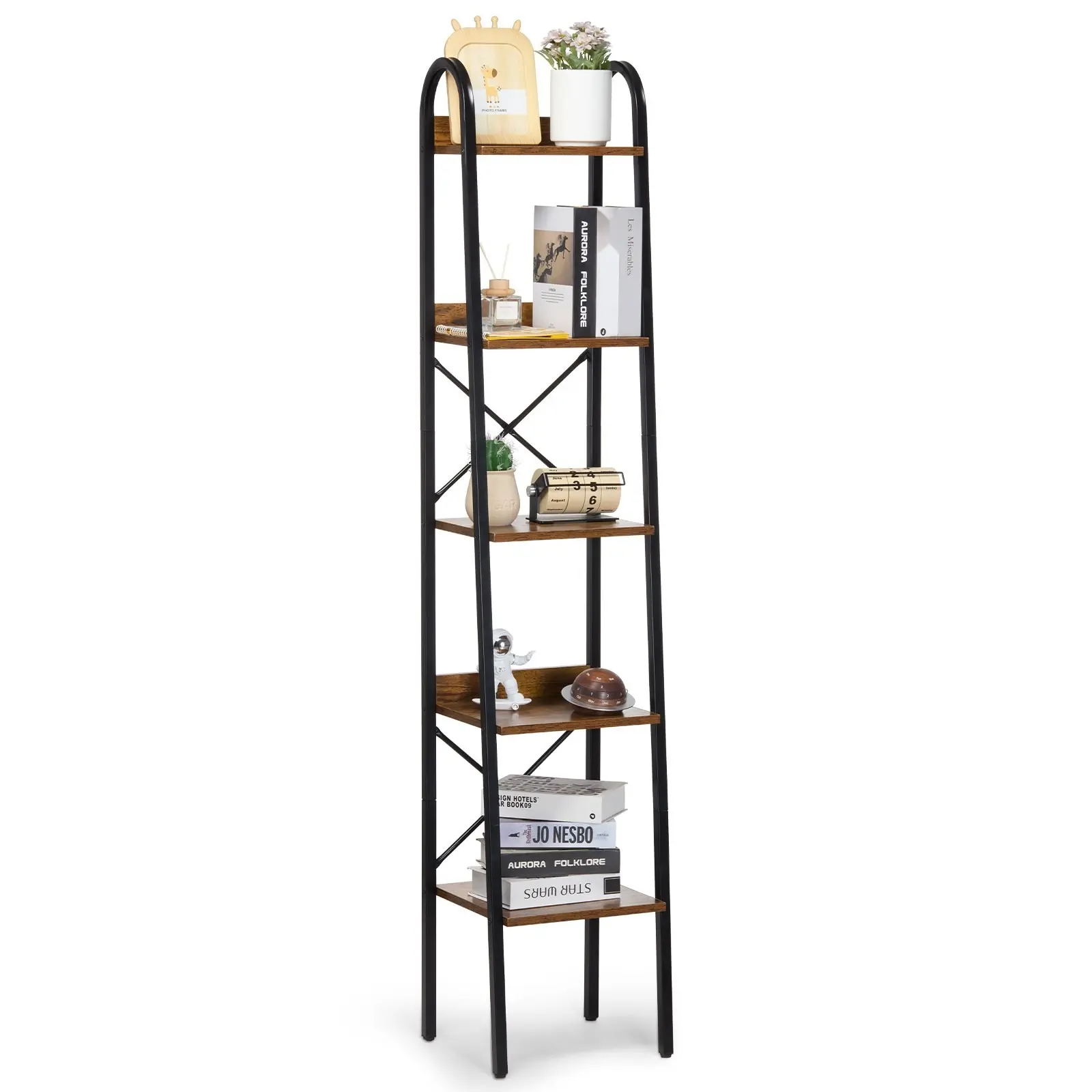 Metal Bookshelf Rustic 5-Tier Storage Rack For Living Room, Bedroom And Office - Industrial Style Open Shelving Unit With Sturdy Metal Frame And Durable Wood Shelves, Space-Saving Display Organizer