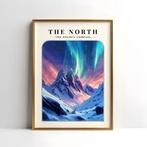 The North Golden Compass: The North Golden Compass Unframed Poster - His Dark Materials Lyra Belacqua Art - Northern Lights Steampunk Decor - Fantasy Novel Print