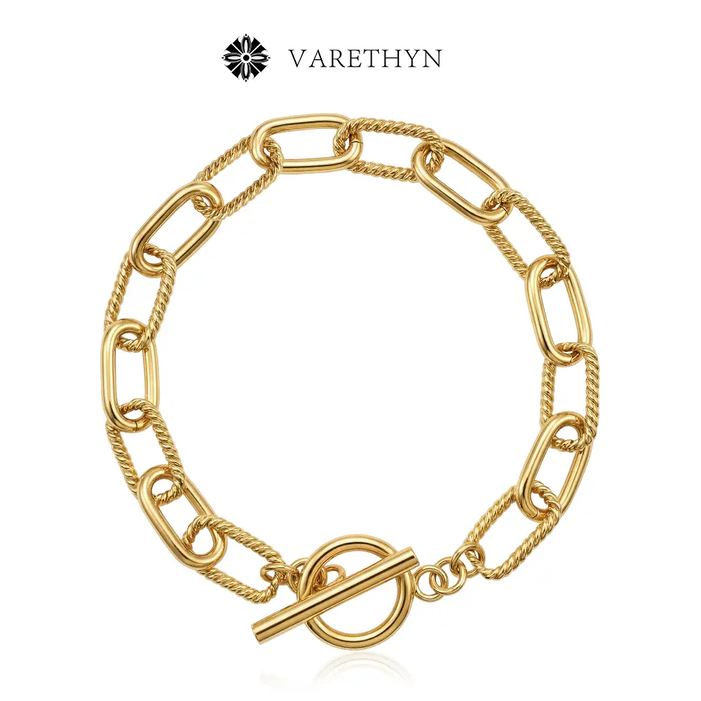 VARETHYN 14 Karat Gold-Plated Twisted Paperclip Bracelet - Chunky Chain, Mixed Links Toggle Chain, Modern Elegant Jewelry Bracelet, Daily Everyday Wear Accessory for Adults