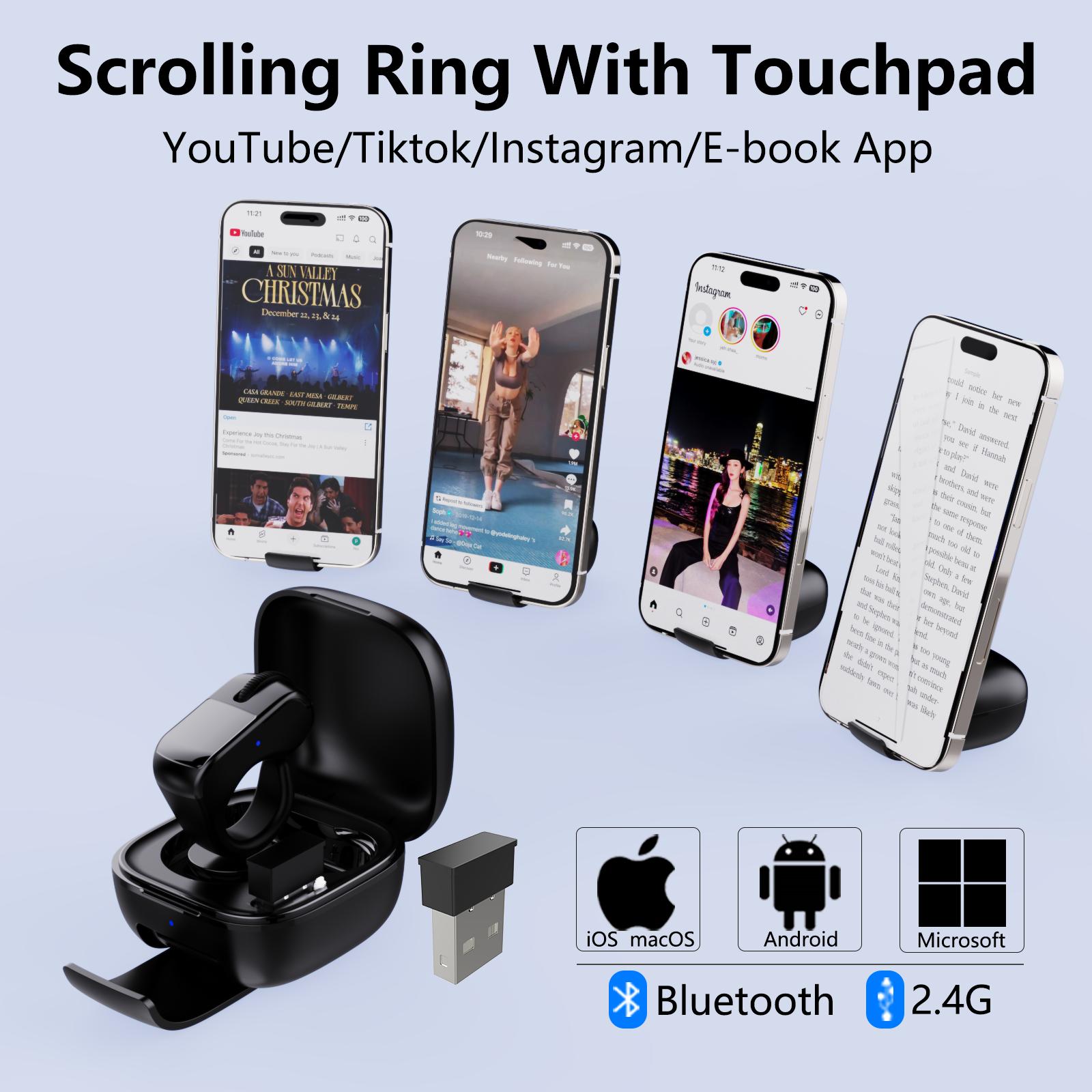 ZOZVO Bluetooth Remote Control Scrolling Ring Finger Air Mouse with Touchpad for Tik_tok Instagram YouTube,Video Scroller & Page Turn for Kindle APP, Remote for PowerPoint Slide,Selfie,Smart Mouse for Android,iOS and PC,Laptop,Mac,Tablet