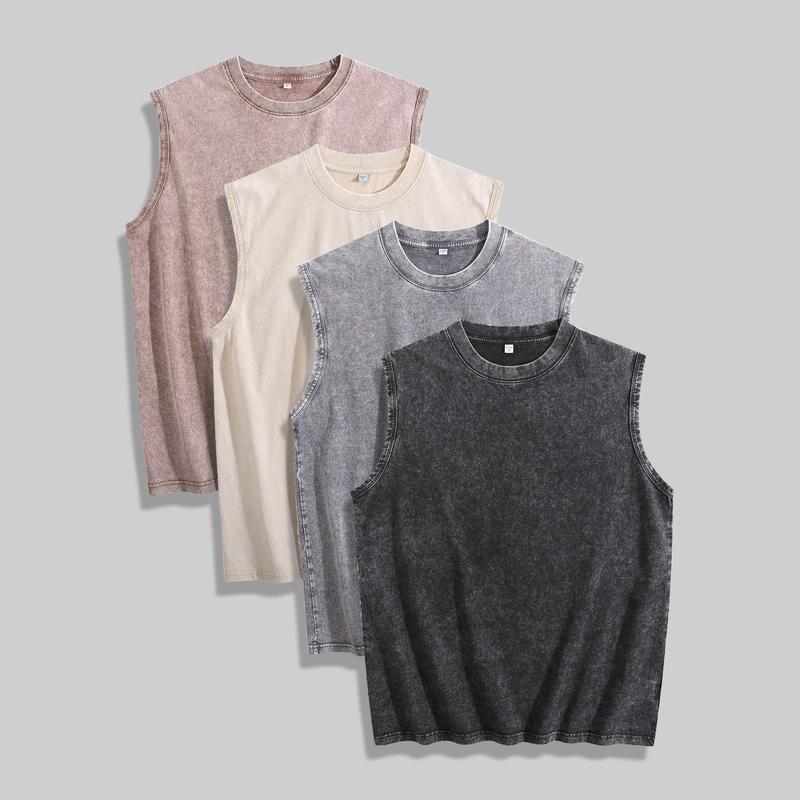 Men's Retro Street Style Sleeveless Tank Top - 100% Cotton, Washed Vintage Look, Loose Fit, Round Neck, Graphic Print with "RESPECT THE LOCALS" Design, Blue Shark Illustration, Casual Summer Wear