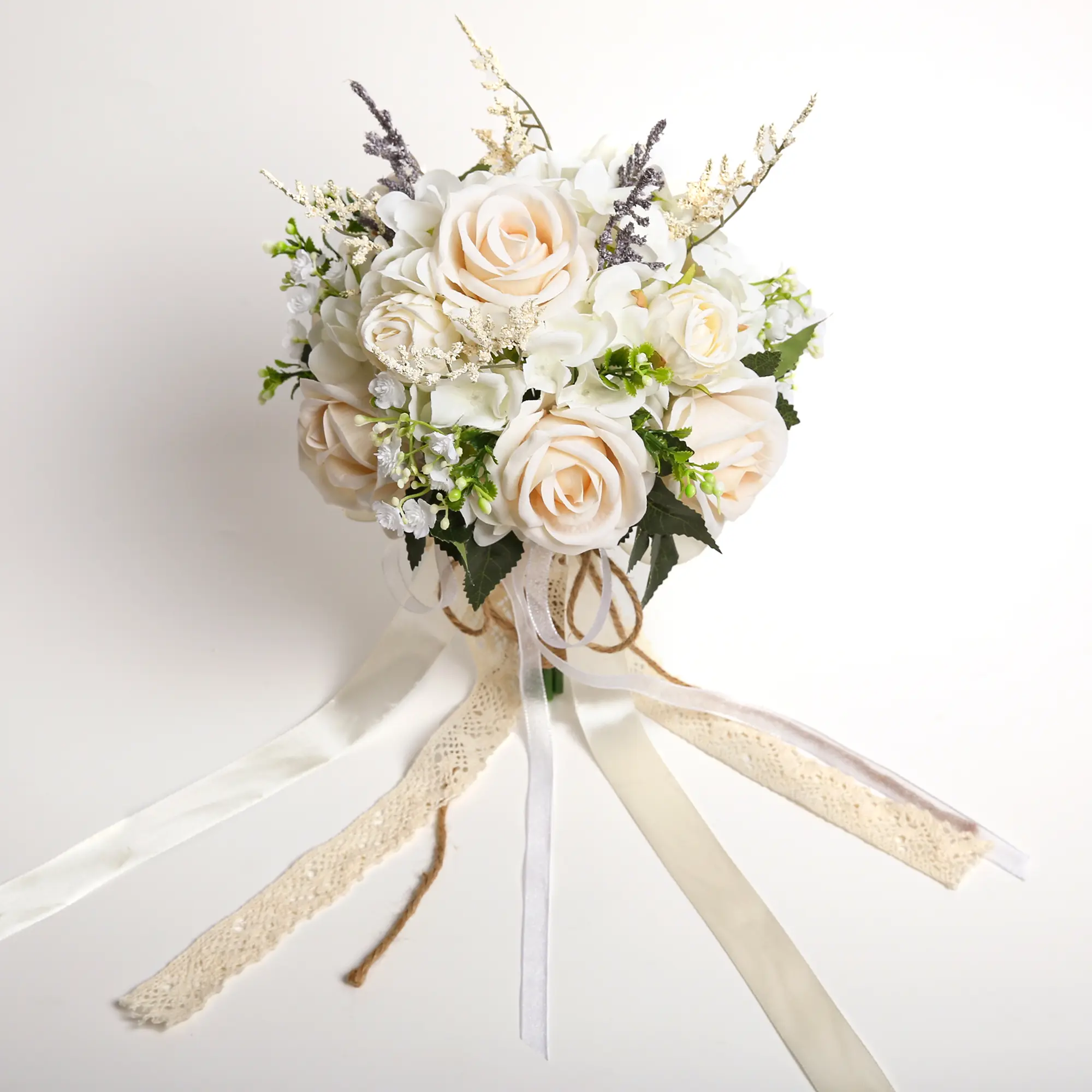10.5in Decorative Artificial White Champagne Roses Bouquet with Ribbon Bow - 10.5 inches Wedding Bouquet, Home & Church Ornament Supplies (Flowers for Wedding Anniversary Brides)