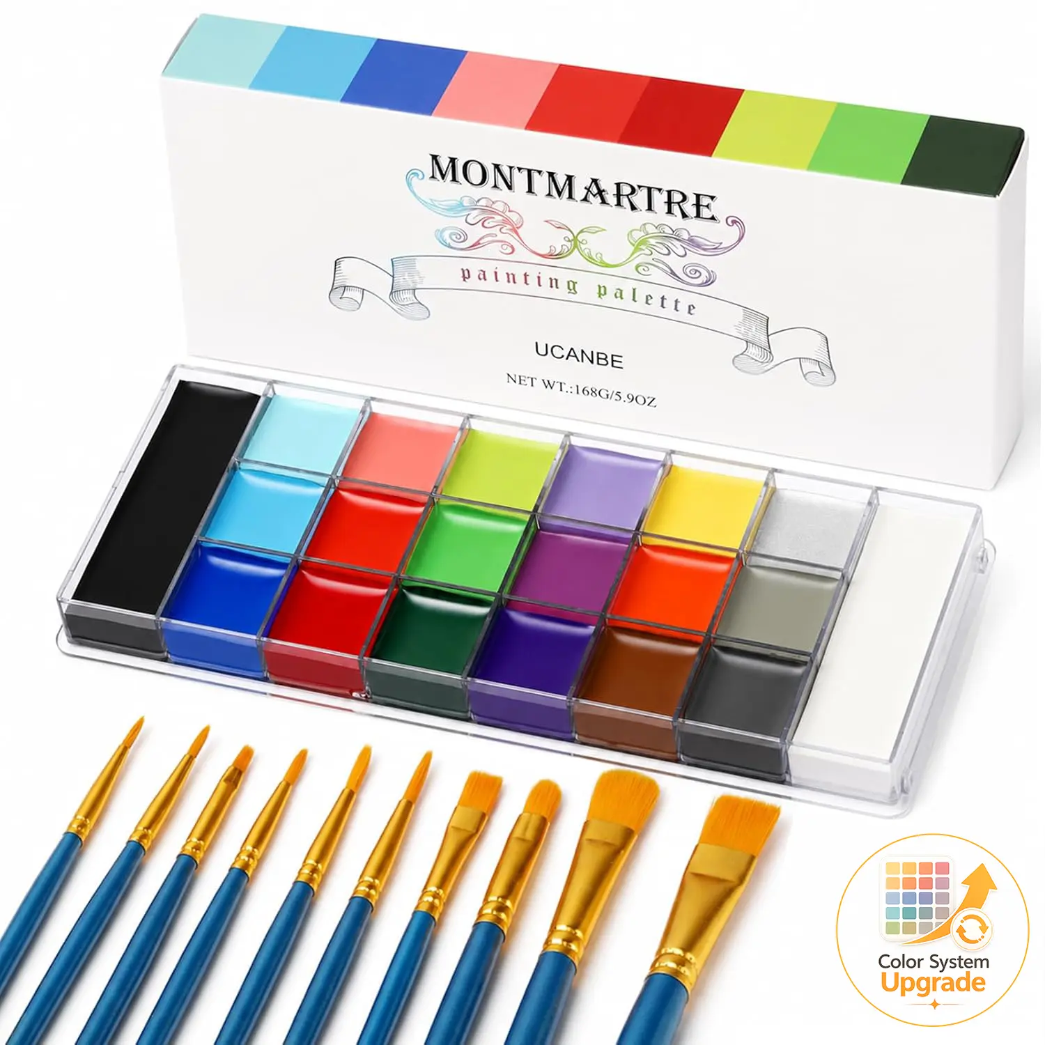 #backtoschool UCANBE Montmartre 20-Color Oil-Based High Pigment Cosmetic Face Paint Palette, 5.9oz Full Size with Large Black & White Shades, Professional Sensitive Skin Art Makeup for Halloween SFX Cosplay