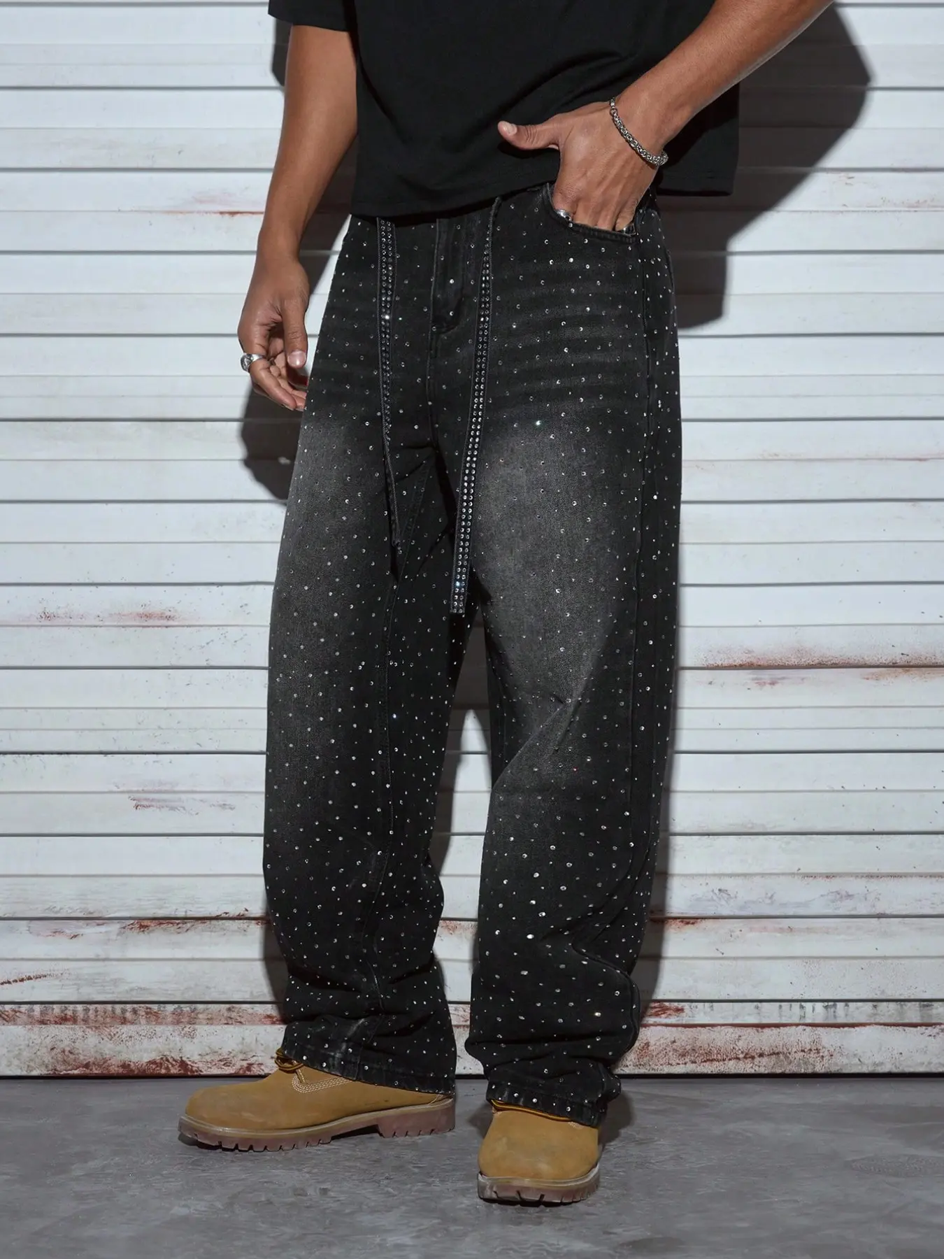 Men's light blue loose wide-leg street-style stylish fashion streetwear plain rhinestone-decorated non-stretch denim Fashion Casual Jeans pants, suitable for all seasons
