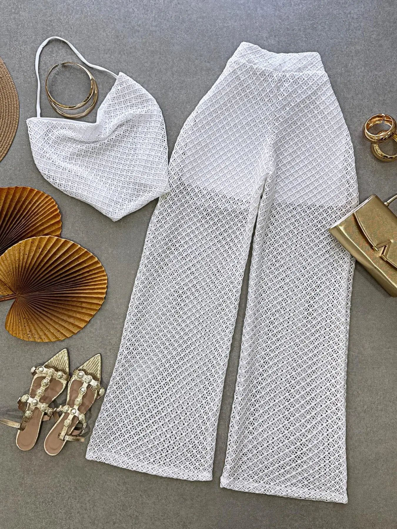 Summer Beach Set, Halter Neck Top & Mesh Leggings, Vacation Style Two-Piece Set, Perfect for Summer Photoshoots, Trendy Chic Beachwear Outfit, Summer Beach Suit