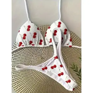 [Cherry Bikini Set] Two-Piece High Stretch Women's Halter Neck Bikini Set - Cherry Pattern, 300gsm Knit Fabric, Polyester & Elastane for Beach Vacation summer outfits