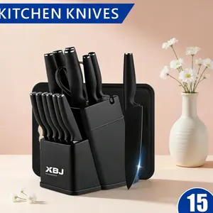 Mother's Day Knife Set, 15 piece Kitchen Knife Set, Dishwasher Safe Kitchen Knife Set, Built in Sharpener, German Stainless Steel Black Knife Set