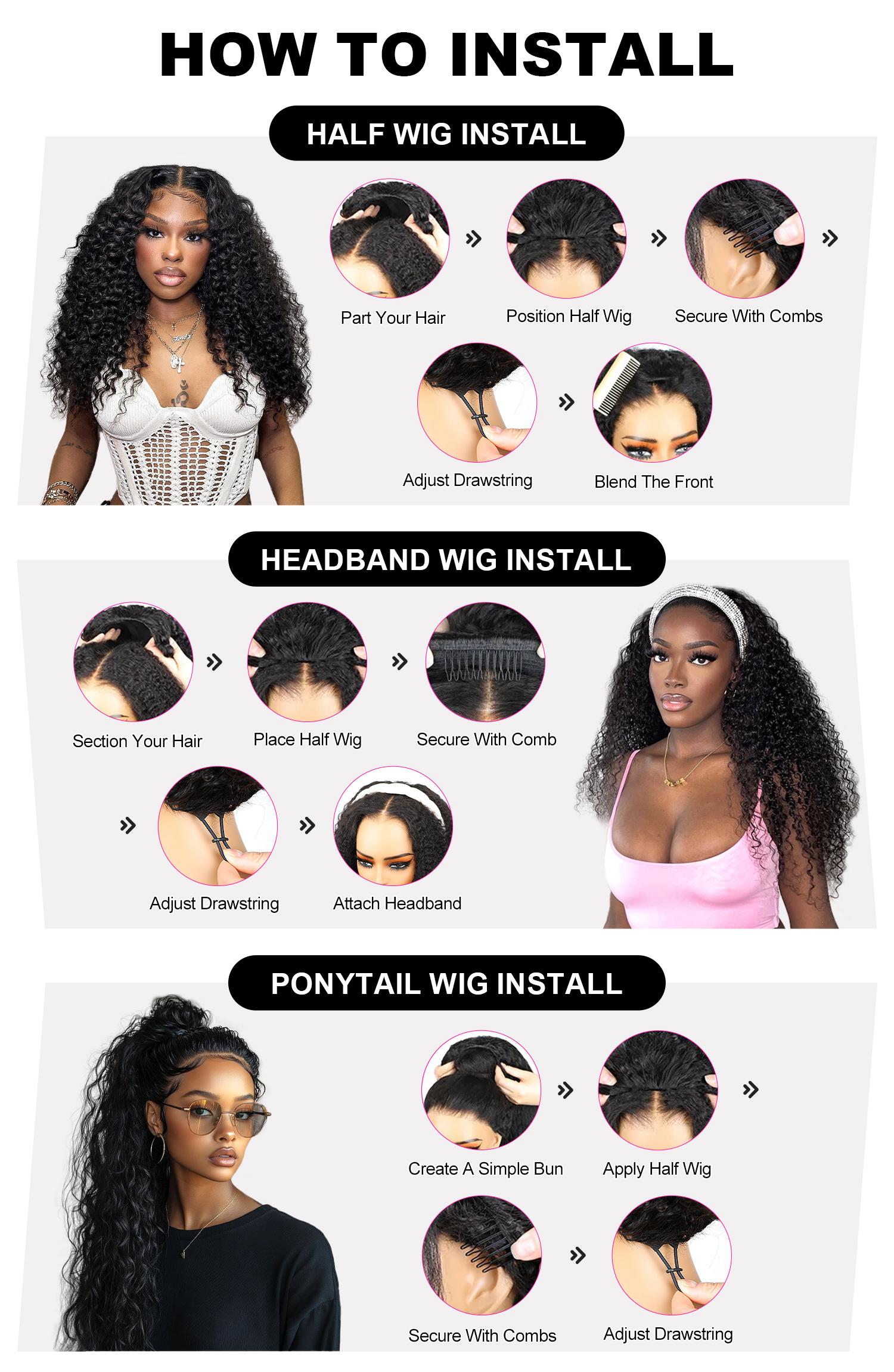 Reshine 3 In 1 Half Wigs Water Wave Human Hair Wigs For Beginners Glueless Wear Go Half Wigs With Drawstring Invisible Hairline Curly Hair Wigs#dealsforyoudays