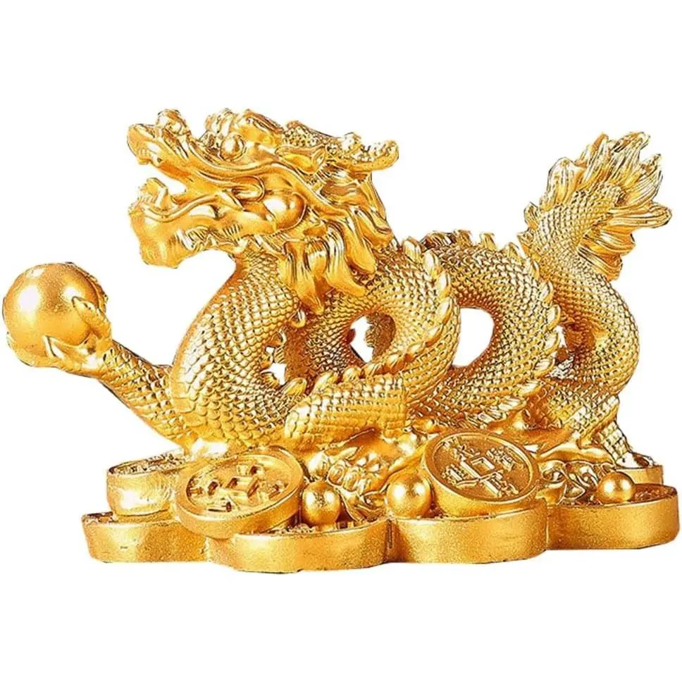 Feng Shui Dragon Statue- Chinese Dragon on Ancient Coins Figurine Ornament Attract Wealth and Good Luck Office Home Decor (Gold)