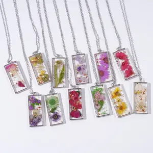 NEW! Handmade Rectangle Flowers Necklace, Resin Real Flower Pendant Jewelry, Silver Chain Botanical Necklace, Birthday Gift