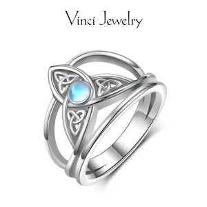925 Sterling Sivler Celtic Knot Synthetic Moonstone Ring for Women Men, Protection Ring, Vintage Boho Style, Irish Pagan Jewelry