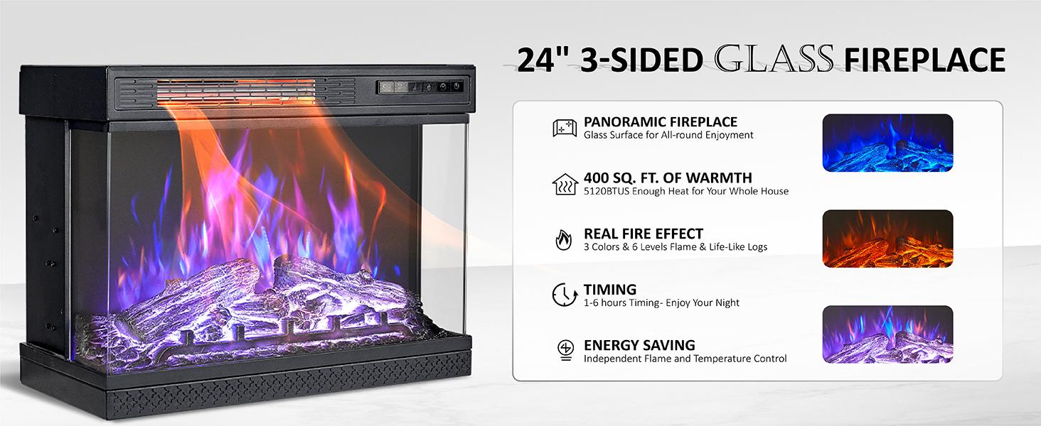 VanAcc 3-Sided Glass Fireplace TV Stand for TVs up to 65'', Media Entertainment Center Console Table with Door Closed Storage, Distressed White