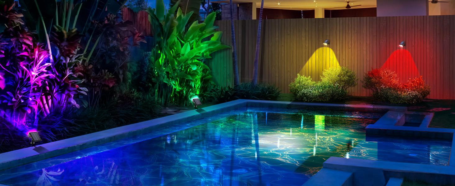 Upgrade RGB Landscape Spotlights,Christmas Solar Outdoor Lights with RGB Cycle Color Changing/Warm White/6 Fixed Color,Brighter with Light-gathering Concave Lens,Auto ON/OFF & Waterproof for Walkway Backyard Patio Yard Garden Halloween Accent Lightingng