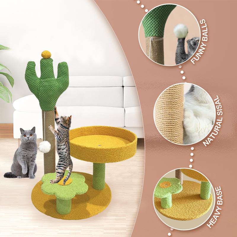 Yellow Cactus Cat Tree Sturdy Cat Scratching Post Climbing Frame for Kitten Adult Cat