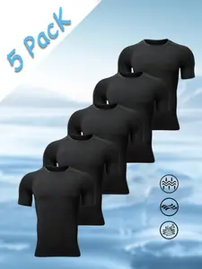This pack of 5 plain black short-sleeved sports tops for teenagers features a breathable crew neck design, making them casual and versatile.  The fabric is smooth and durable