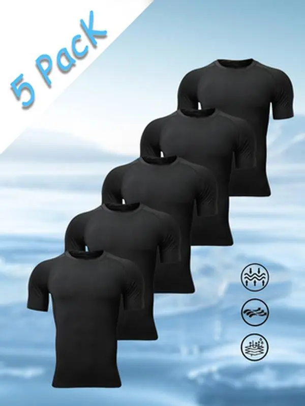 This pack of 5 plain black short-sleeved sports tops for teenagers features a breathable crew neck design, making them casual and versatile.  The fabric is smooth and durable