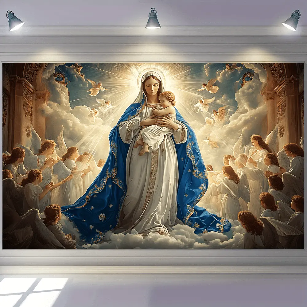 Durable Synthetic Polyester Religious Contemporary Wall Hanging - Mother Mary with Jesus Print Wall Decoration, Easy-Install Glam Hangable Christmas Accent, No-Battery Rectangular Soft Furnishing Tapestry