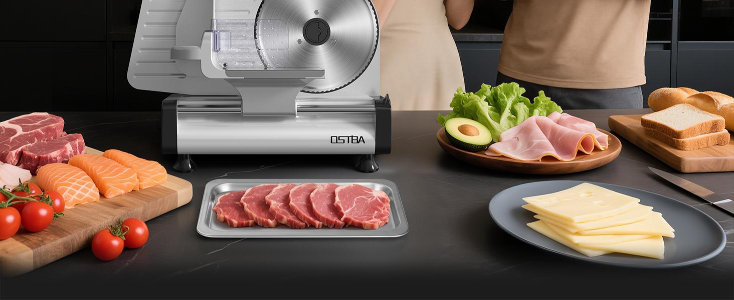 OSTBA Electric Meat Slicer with 200W DC Motor, 2 Removable 8.7” Stainless Steel Blades, Adjustable Thickness 0–15mm, Food Tray & Hand Grip, Deli Food Slicer for Meat, Cheese, Bread, Vegetables OSTBA Electric Meat Slicer with 200W DC Motor, 2 Removable 8.7” Stainless Steel Blades, Adjustable Thickness 0–15mm, Food Tray & Hand Grip, Deli Food Slicer for Meat, Cheese, Bread, Vegetables