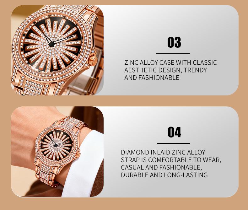 Men's Diamond - Encrusted Gold Watch, Business Quartz Chronograph with RotatingDiamond Dial, Sparkling Effect, WaterResistant, Party Daily Wear Birthday Gift (With Box)