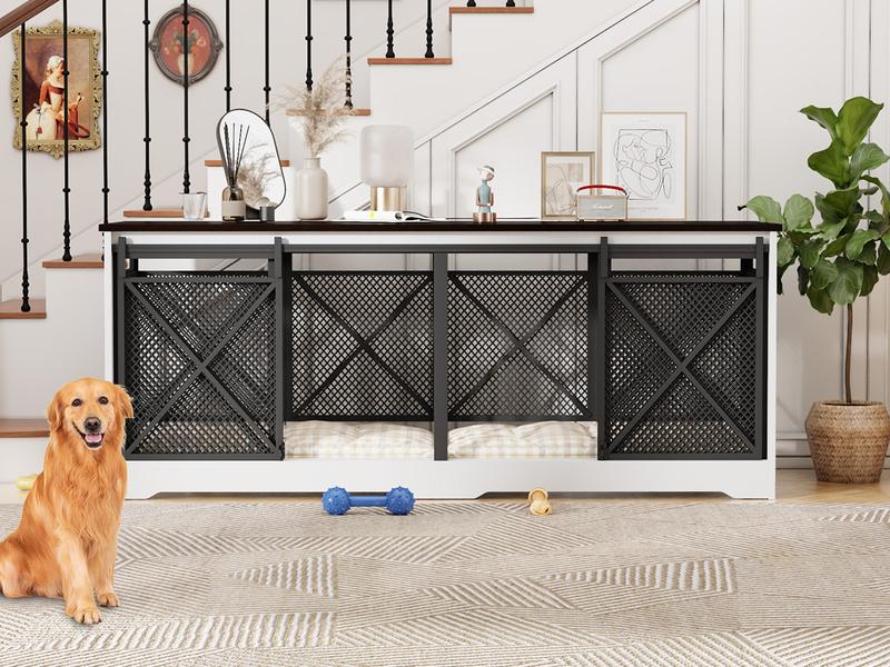 COZPAW 78" Double Dog Crate Furniture for 2 Dogs,Extra Large Furniture Style Dog Kennel,Heavy Duty Wooden XL Dog Cage with Removable Divider,Pet Cage TV Stand & Side Table (White Brown)