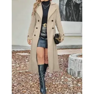 Women's Solid Color Lapel Long Sleeve Casual Fashion Woolen Coat, Fall Winter Long Line Double Buttoned Overcoat, Ladies Outerwear??gift??Gift