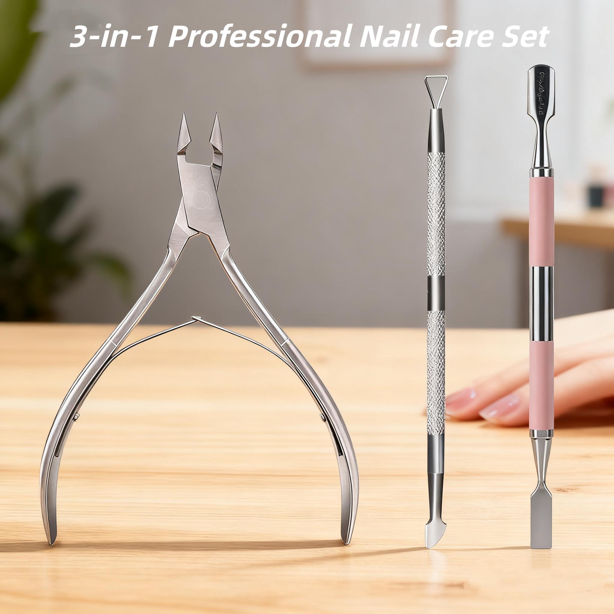 3-in-1 Durable Stainless Steel Nails Set, Cuticle Trimmer Kit with Dual Ended Pedicure Tool & Scraper, Professional Manicure Pedicure Tool for Adults (Wash After Use) Home & Salon Nail Care Storage, Ergonomic Anti-Slip Handles, Unisex