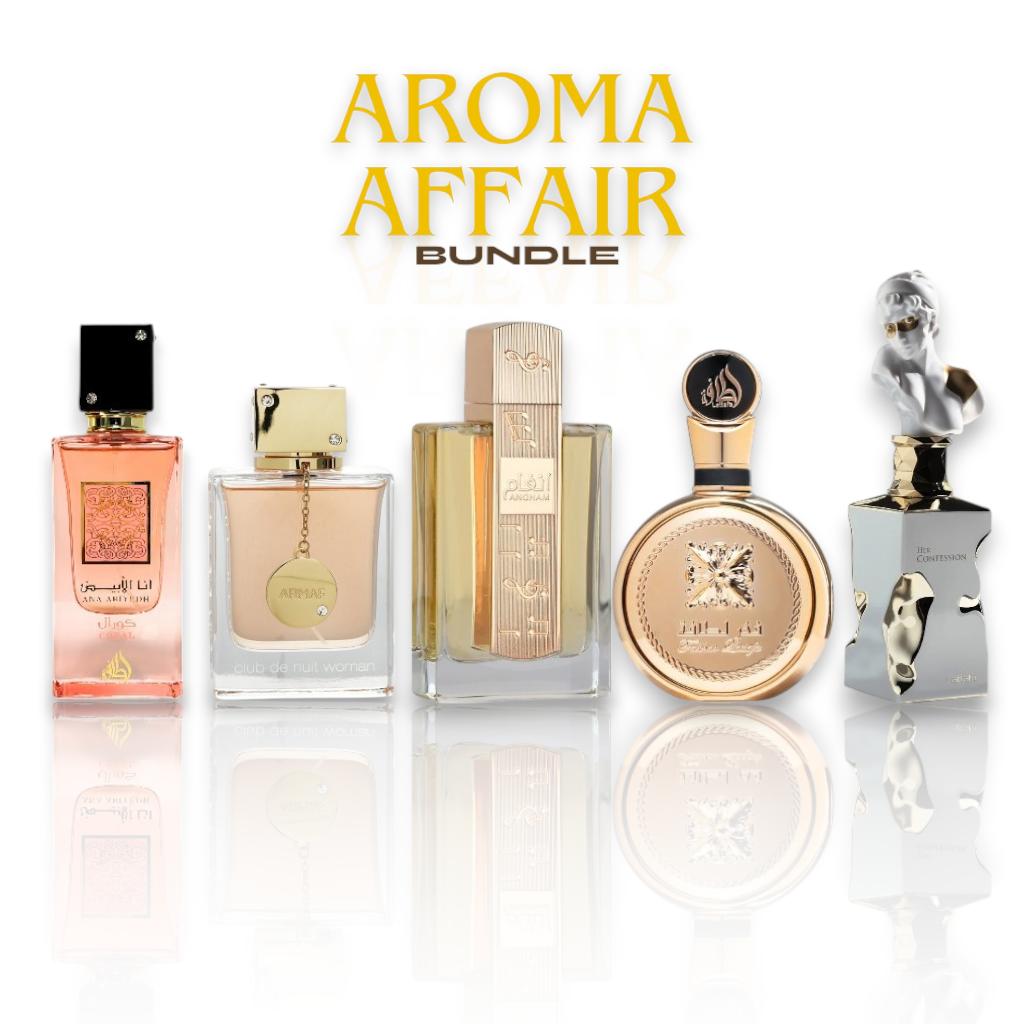 Aroma Affair Bundle | Angham - Fakhar Extrait - Her Confession - Club De Nuit Women - Ana Abiyedh Coral | Eau de Parfume | Women Fragrances | 100 ML - 3.4 oz | Vanilla - Fruity & Floral Notes |