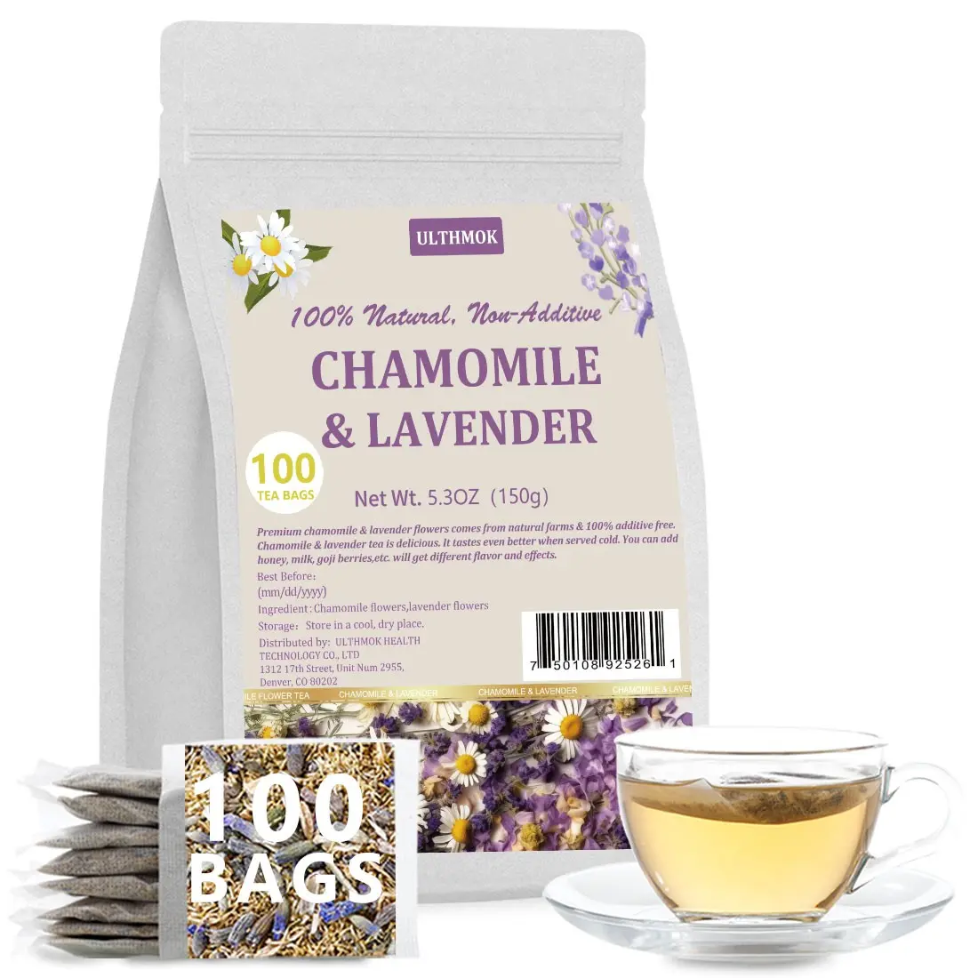 100Bags Chamomile & Lavender Tea Bags Caffeine Free & Natural Herbal Tea Dried Flowers