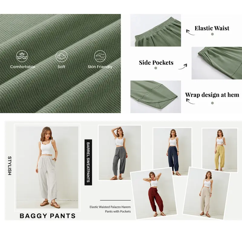 Buenoble Women's Wide Leg Harem Pants Casual Palazzo Pants with Pockets High Waist Relaxed Fit