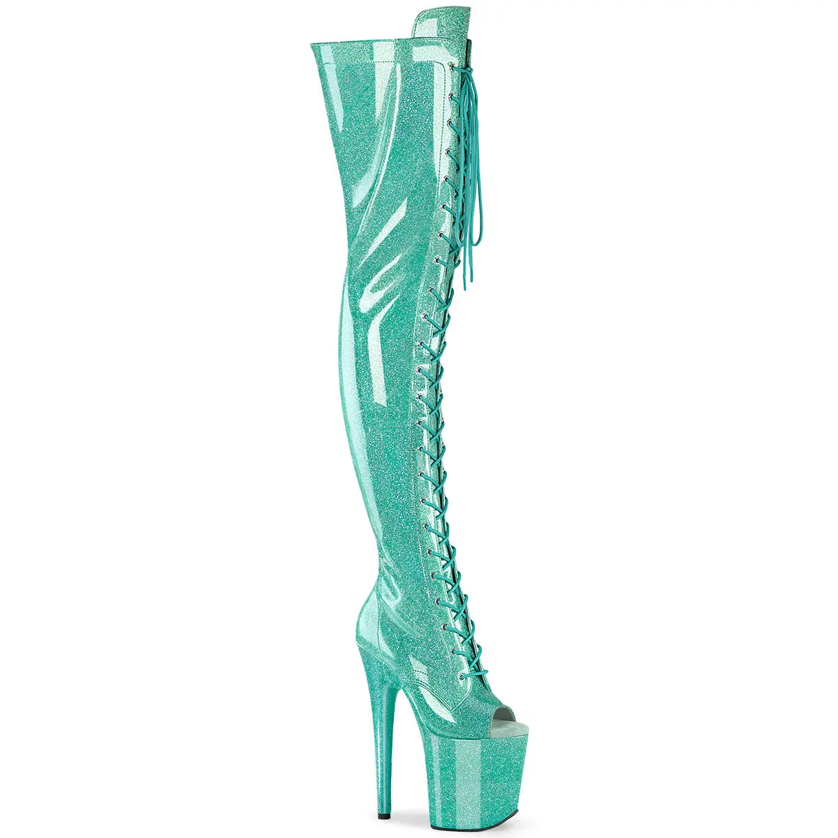 Pleaser Women's Aqua Glitter Patent Over-the-Knee Boots, Evening Peep Toe Lace-Up with an 8" Heel and 4" Platform, Aqua Glitter Patent/M, Statement Shoes