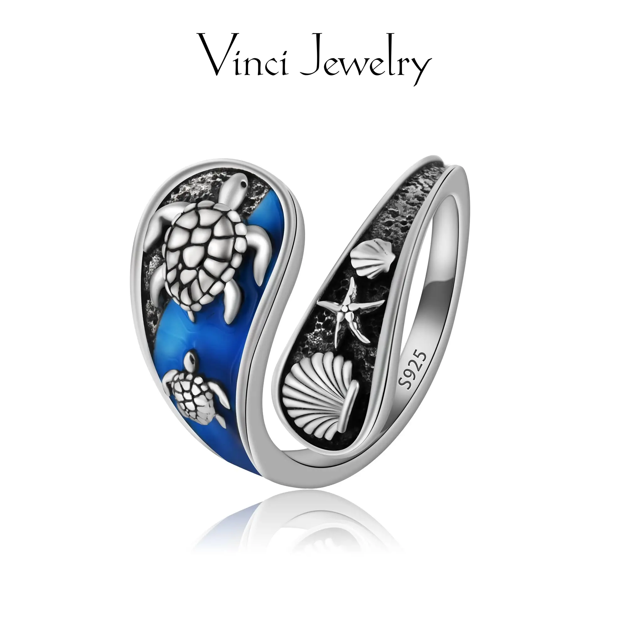 925 Sterling Silver Sea Turtle Open Ring Beach Shells Starfish Design Vintage Sea Theme Adjustable Ring 925 Sterling Silver Sea Turtle Open Ring Beach Shells Starfish Design Vintage Sea Theme Adjustable Ring