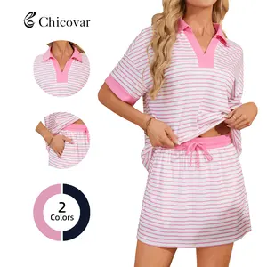 Chicovar Striped 2 Piece Outfits Casual Set  Short Sleeve V-Neck Polo Skort with Built-in Shorts & Pockets, Adjustable Waist, Stretchy & Comfortable, Lounge Sets, Athleisure, Comfyoutfit, Casualoutfits