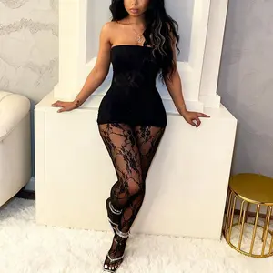 Your Beauty Exclusive Lace Dress Set Semi-Sheer Mesh Leggings Outfits for Women Red Off Shoulder Tube Top Bodycon High Waist Pants Casual Formal Wear Clothes Crop Elegant Stretchy Polyester Fabric Suits Matching Style Elastic Black Chic Evening Statement
