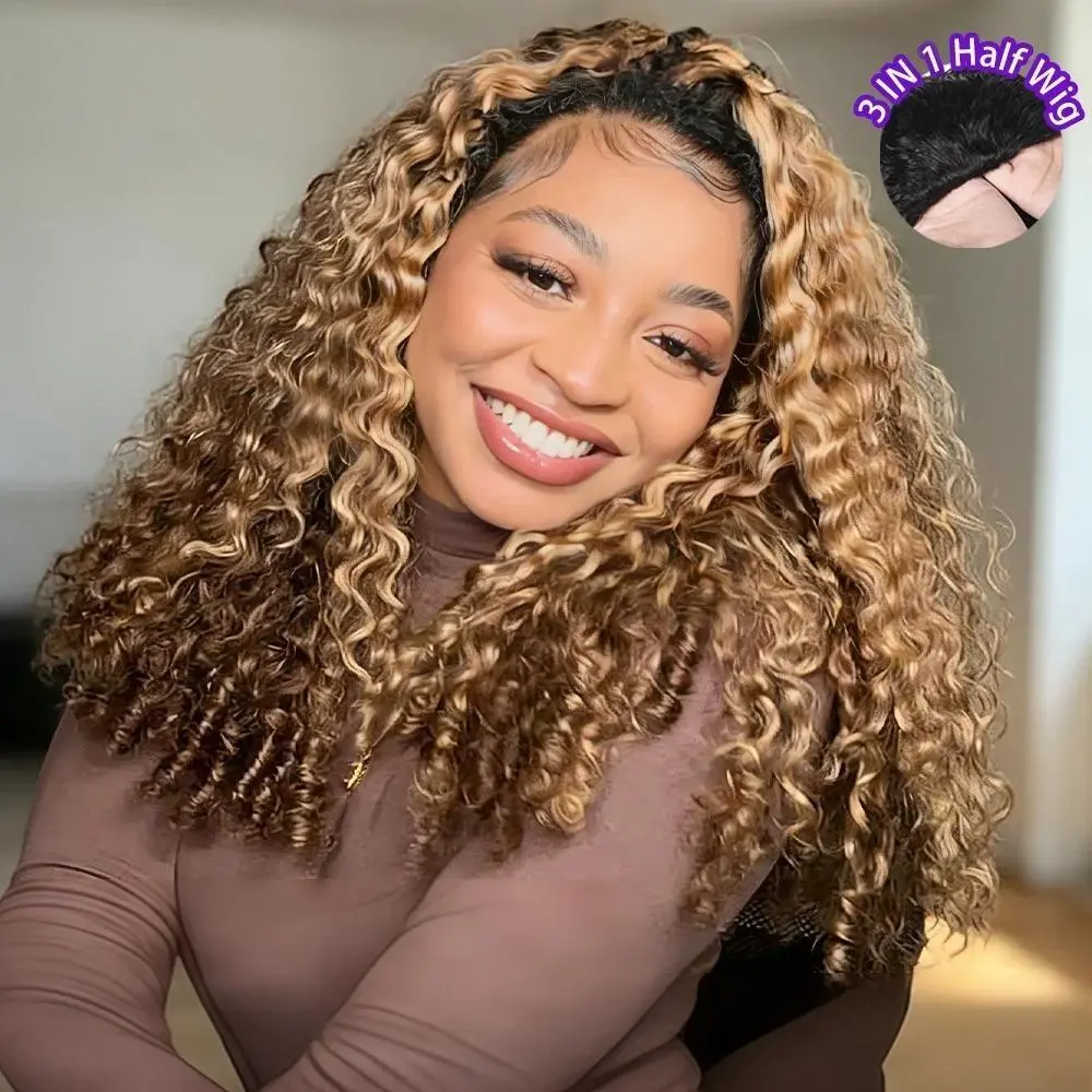 [WEAR GO HALF WIG]Anyweek Highlight Burmese Curly Half Wig Human Hair 200% Density Wear Go InvisiFit Strap Flip Over Glueless Half Wig Natural Curly Wig for Black Women