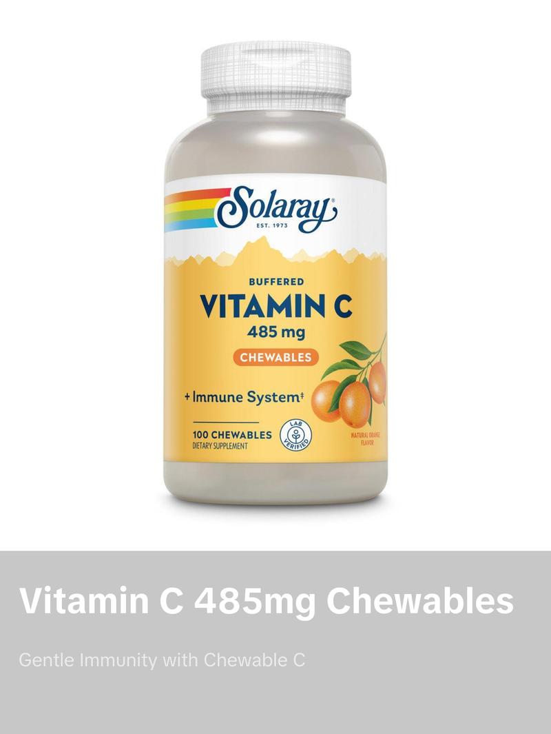 Solaray Vitamin C 485 mg Buffered Chewables with Natural Orange Flavor 100 Count for Immune System Support & Collagen Health