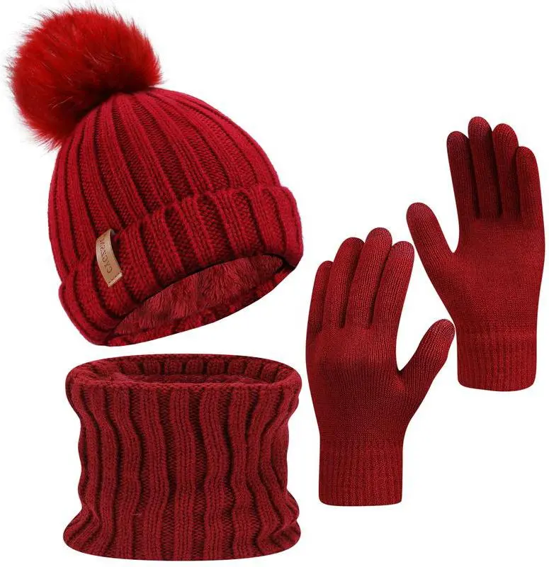 Unisex 3-Piece Knitted Fleece Winter Beanie-Scarf-Gloves Set, Classic Knitted Pattern, Touch Screen Compatible, Double-Layered Brim, High Elasticity, Ribbed, Plush Thermal Material, for Commute, Outdoor Hiking & Riding